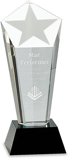 Frosted star column crystal award on a black pedestal base, engraved Star Performer