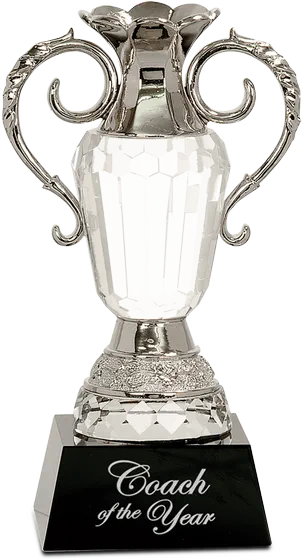 Crystal cup with silver metal handles on a black pedestal base, engraved Coach of the Year