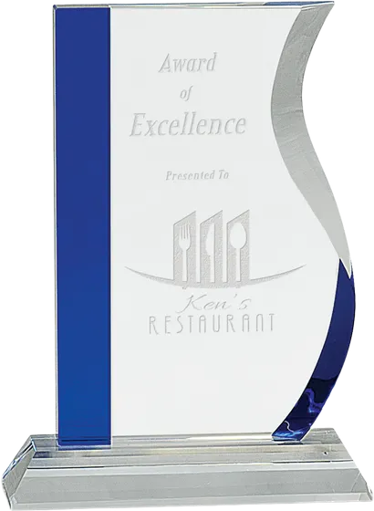 Blue edge crystal wave award on a clear base, engraved Award of Excellence