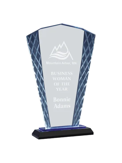 Fan shaped accent glass award on a blue and black reflective base