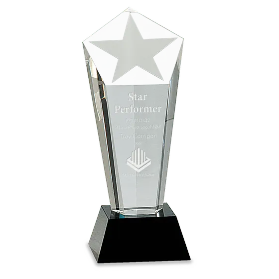 Frosted star column crystal award on a black pedestal base
