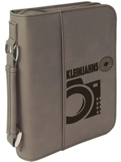Grey leatherette book cover with handle and zipper